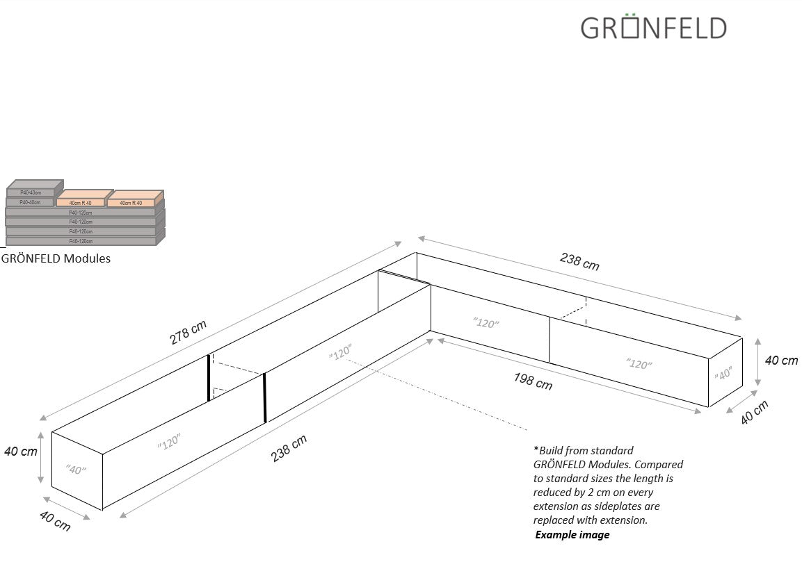 L-form sort B40xL238-198xH40 uden bund