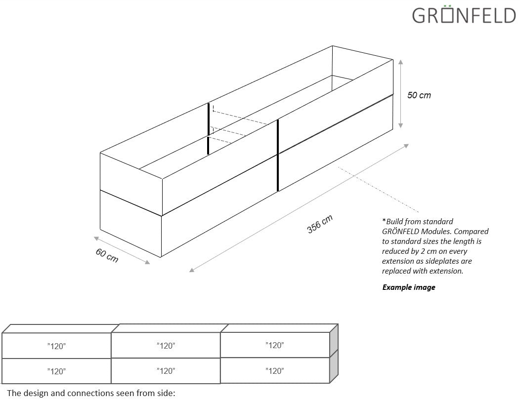 Raised bed Raw iron(rust) W60xL356xH50 no base