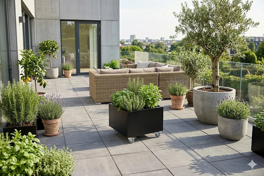 Planter with wheels | Black aluminium | 40x40x25 cm
